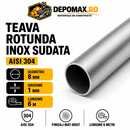 Teava rotunda inox sudata AISI 304, 8 x 1 mm, 6 metri